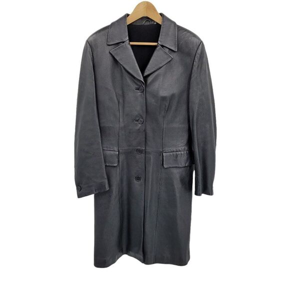 Vtg Trench Coat Faux Leather Wool Lined Longline Pockets Matrix Coplay Blk Sz S - Picture 1 of 11